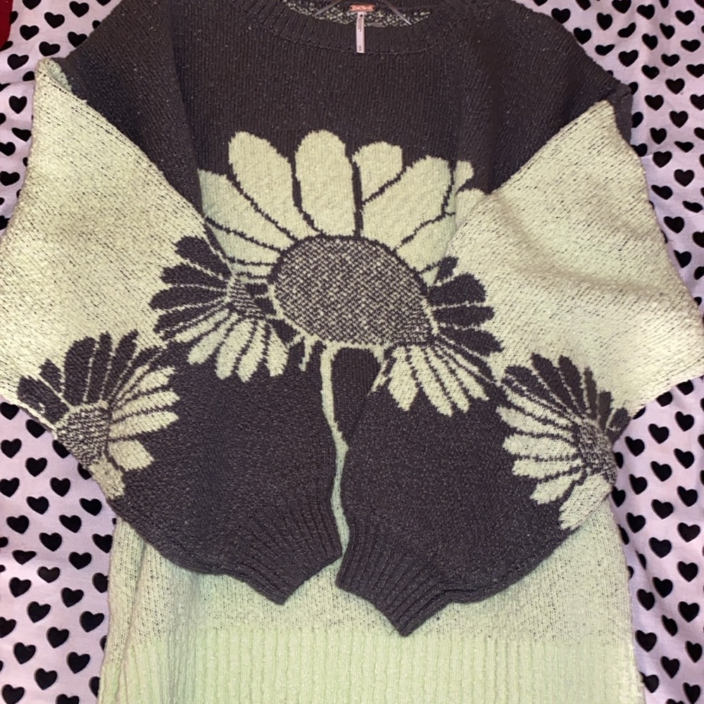 Free People Olive Green and Light Green Daisy Knit Crewneck Sweater - Picture 5 of 6